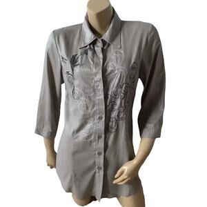 SIMON CHANG Womens Size 10 Gray Embroidered 3/4 Sleeve Button Front Collar Shirt